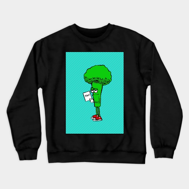 YAY! BROCCOLI BOY Against Blue Diagonal Stripe Background Crewneck Sweatshirt by VegShop